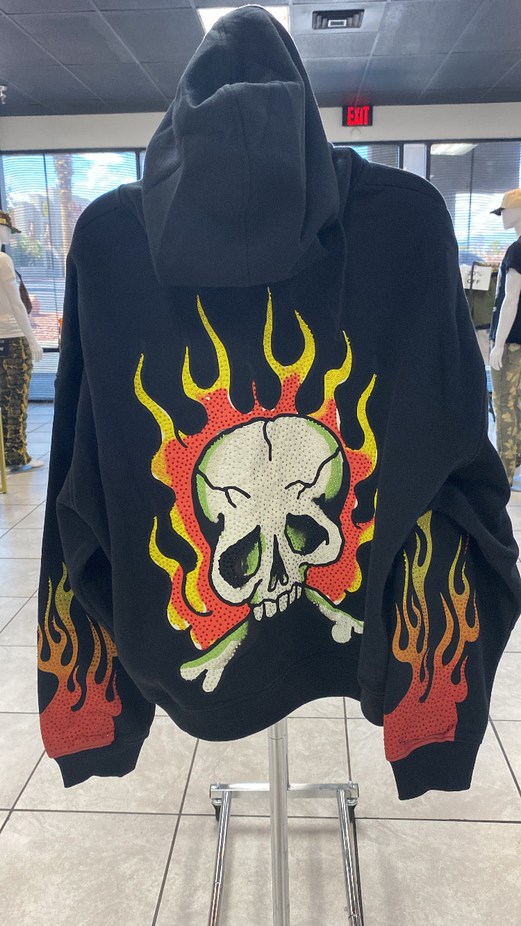 Ed hardy - black skull flames boxy hoodie