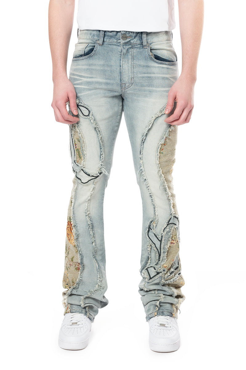 Smoke Rise "Tapestry Panel Monogram" Stacked Jeans