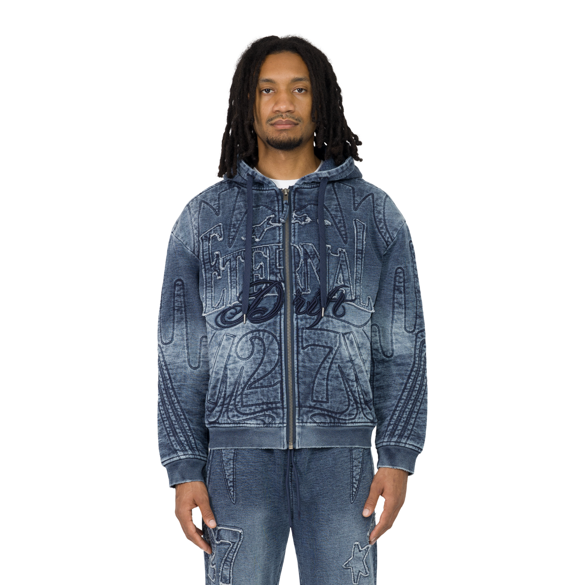 Smoke Rise - denim embossed fleece zip up