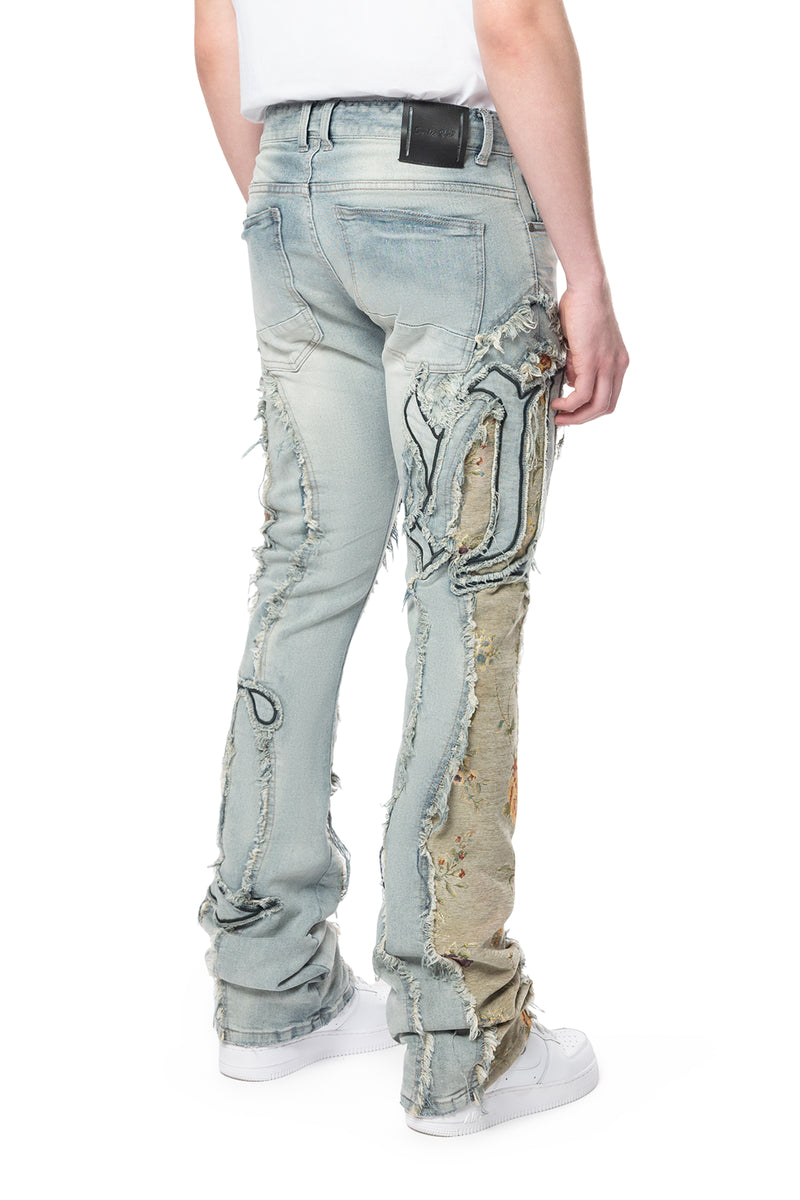 Smoke Rise "Tapestry Panel Monogram" Stacked Jeans